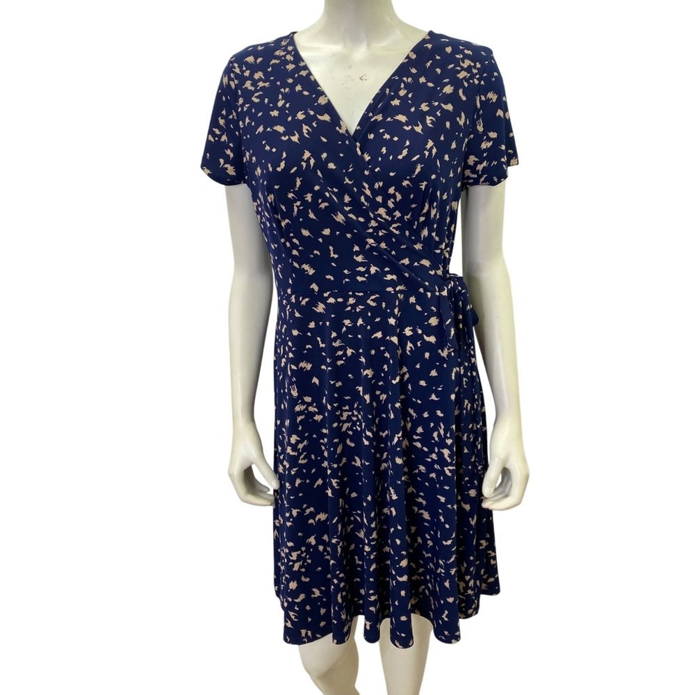 Kaileigh Navy Short-Sleeve Surplice Neck Dress with Beige Print L NWT